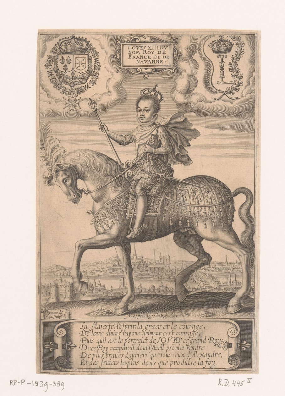 Porträt von Ludwig XIII. zu Pferd, mit Blick auf Paris im Hintergrund von Thomas de Leu