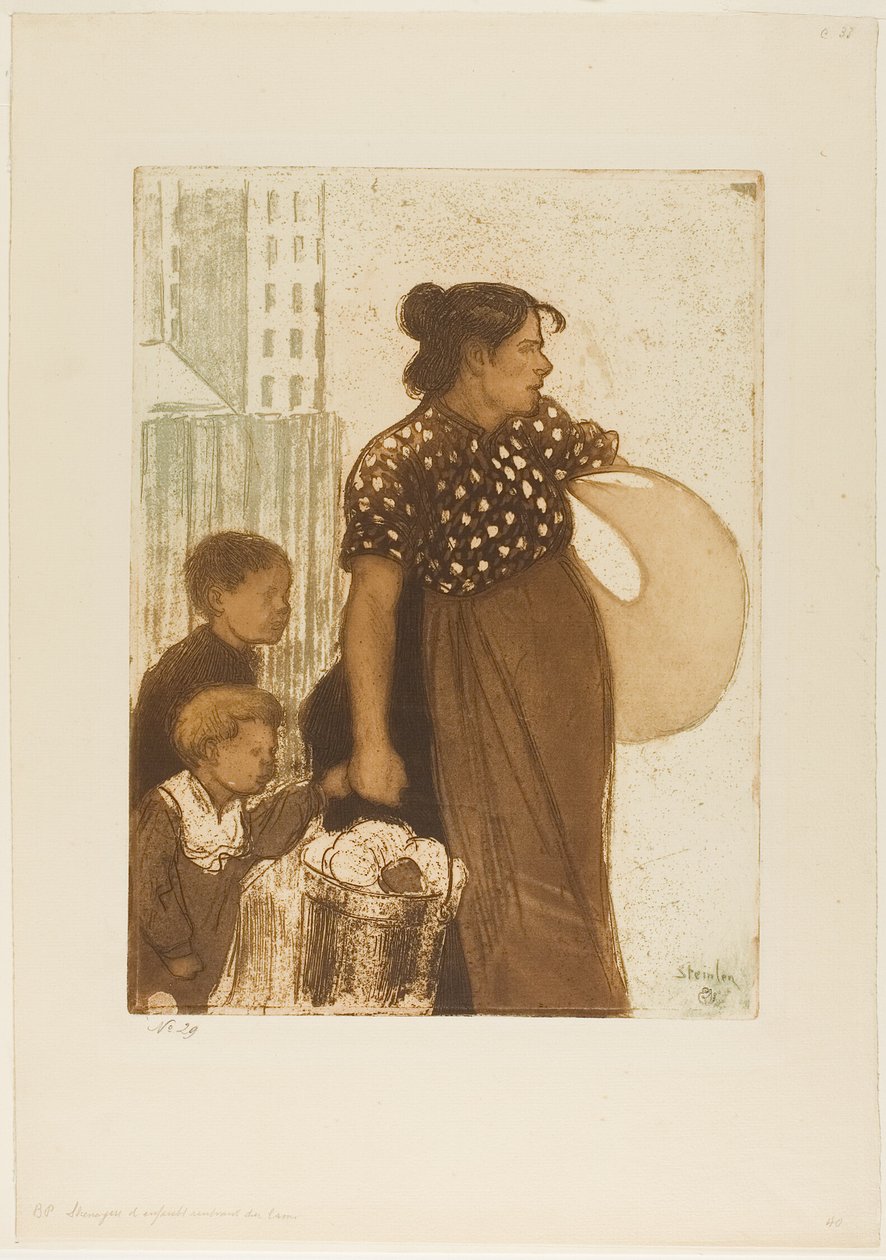 Hausfrau und Kinder kehren vom Waschhaus zurück von Théophile Alexandre Pierre Steinlen