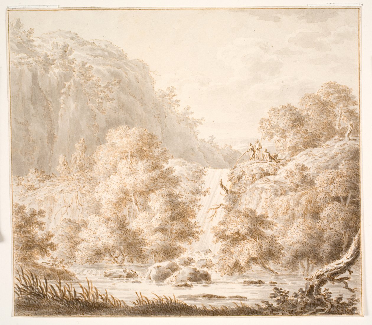 Berglandschaft mit Bäumen und Wasserfall sowie drei Figuren von Thorsten Elias Hjaltelin