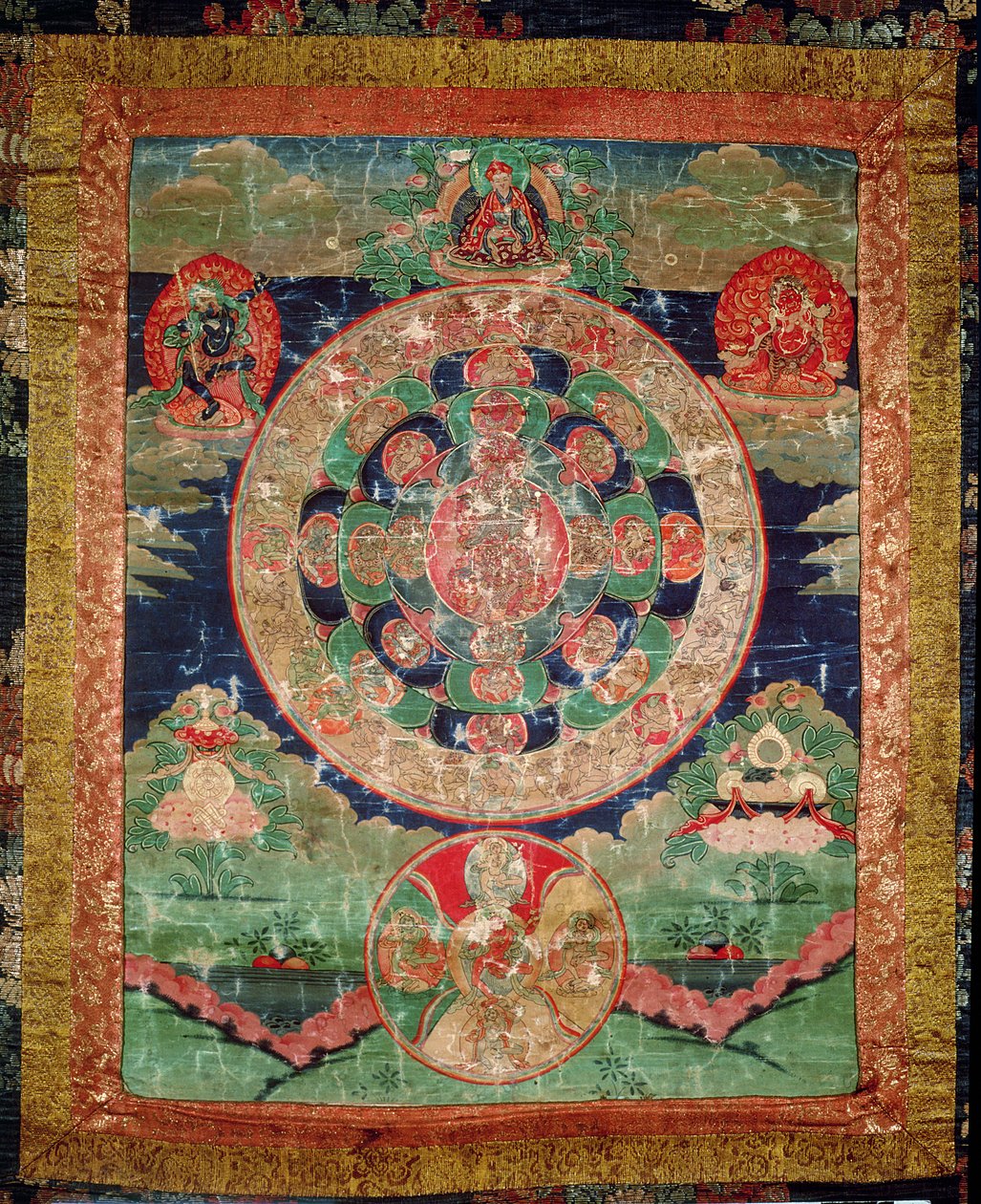 Bardo Mandala, Thangka zeigt die Zeit zwischen Tod und Wiedergeburt (Gouache auf Stoff) von Tibetan School