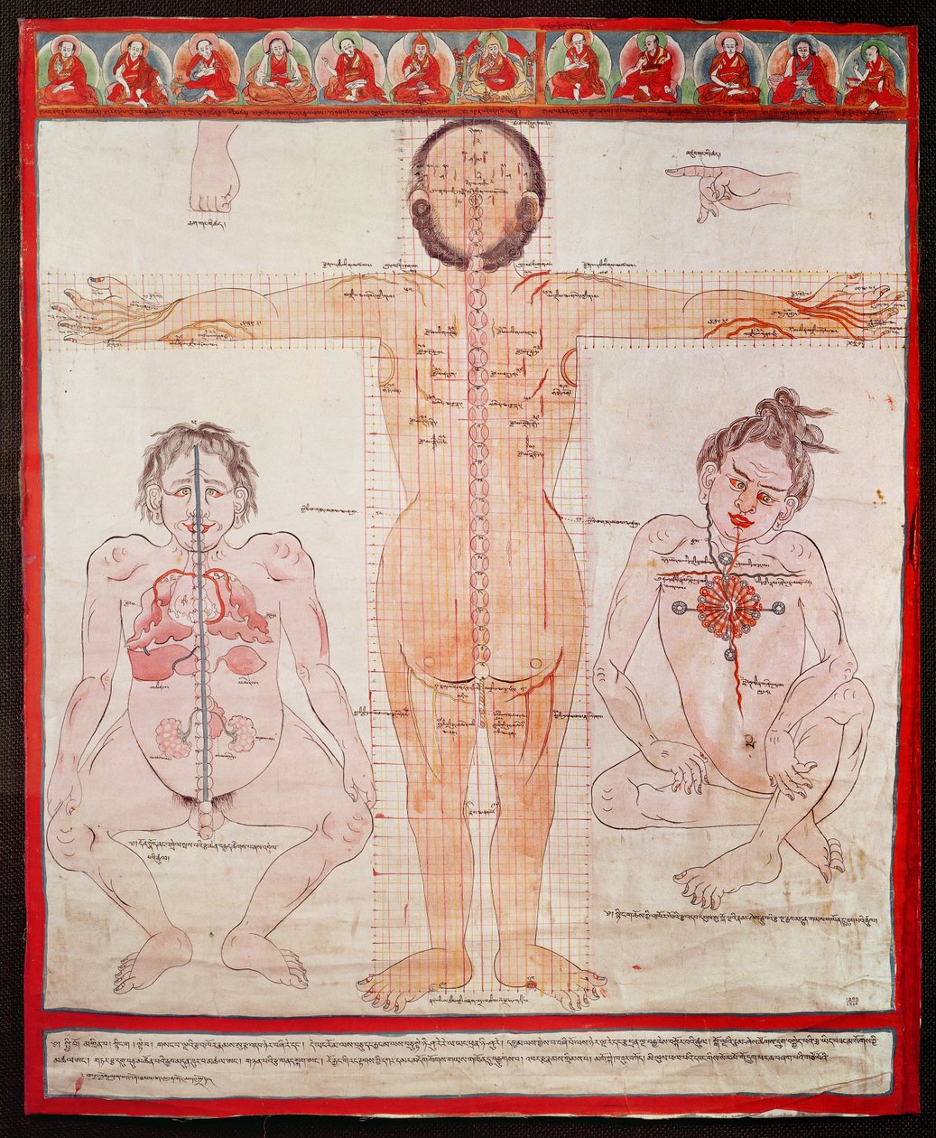 Anatomische Tafel, 1938 (Feder und Aquarell auf Stoff auf Leinwand) von Tibetan School
