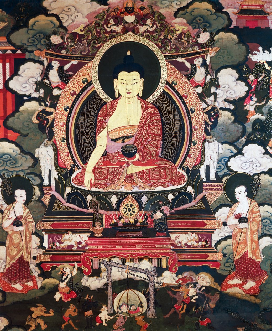Buddha, sitzend zwischen seinen beiden großen Schülern Cariputra und Maudgalyayana, Szenen aus dem Leben von Buddha Sakyamuni, tibetische Zivilisation von Tibetan School