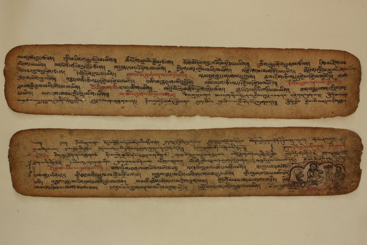 Milarepa in seiner Höhle, lehrt einen Jäger, um 1400-99 von Tibetan School