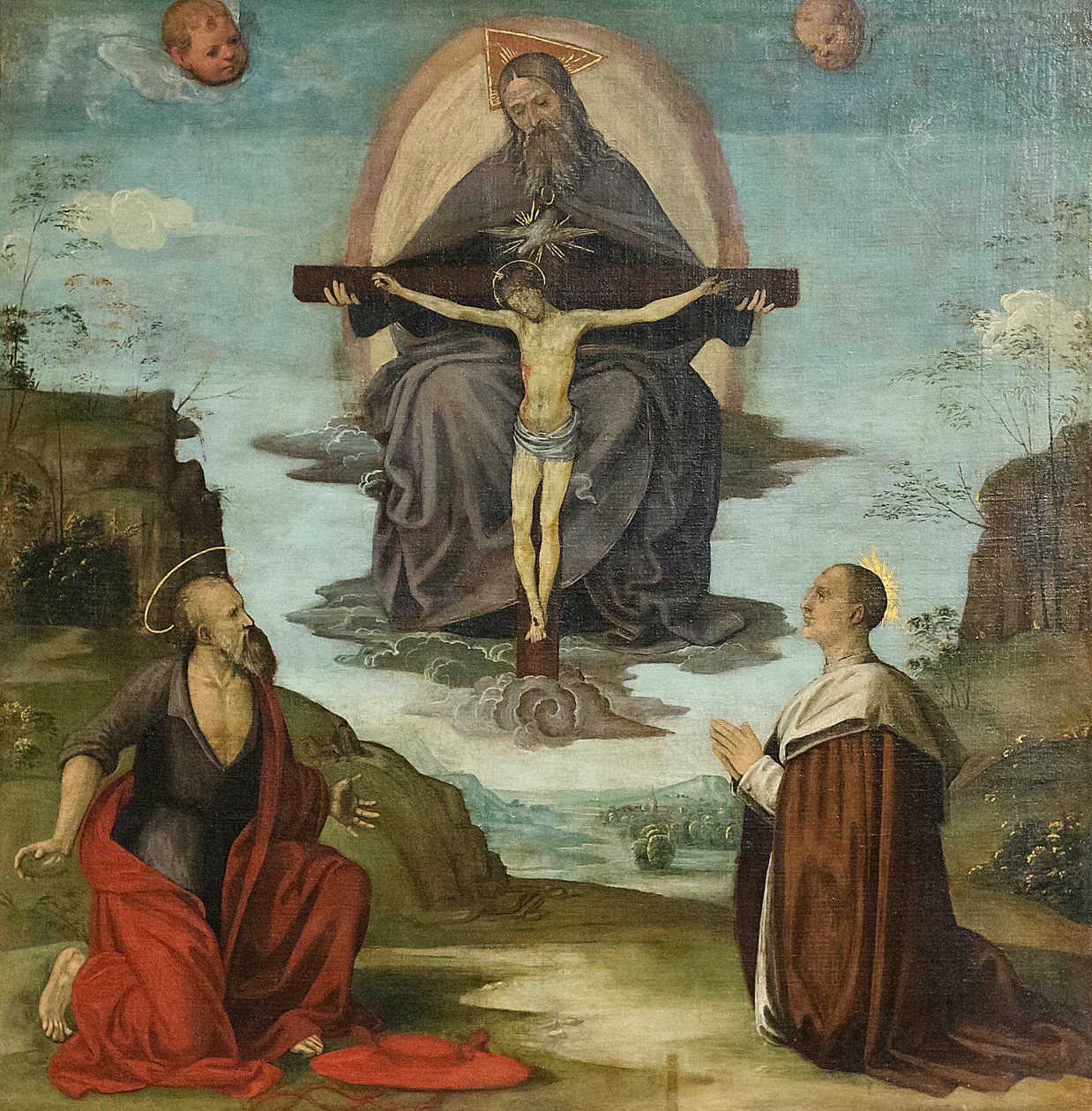 Die Dreifaltigkeit mit dem heiligen Hieronymus und dem seligen Colombini, ca. 1520 von Timoteo Viti