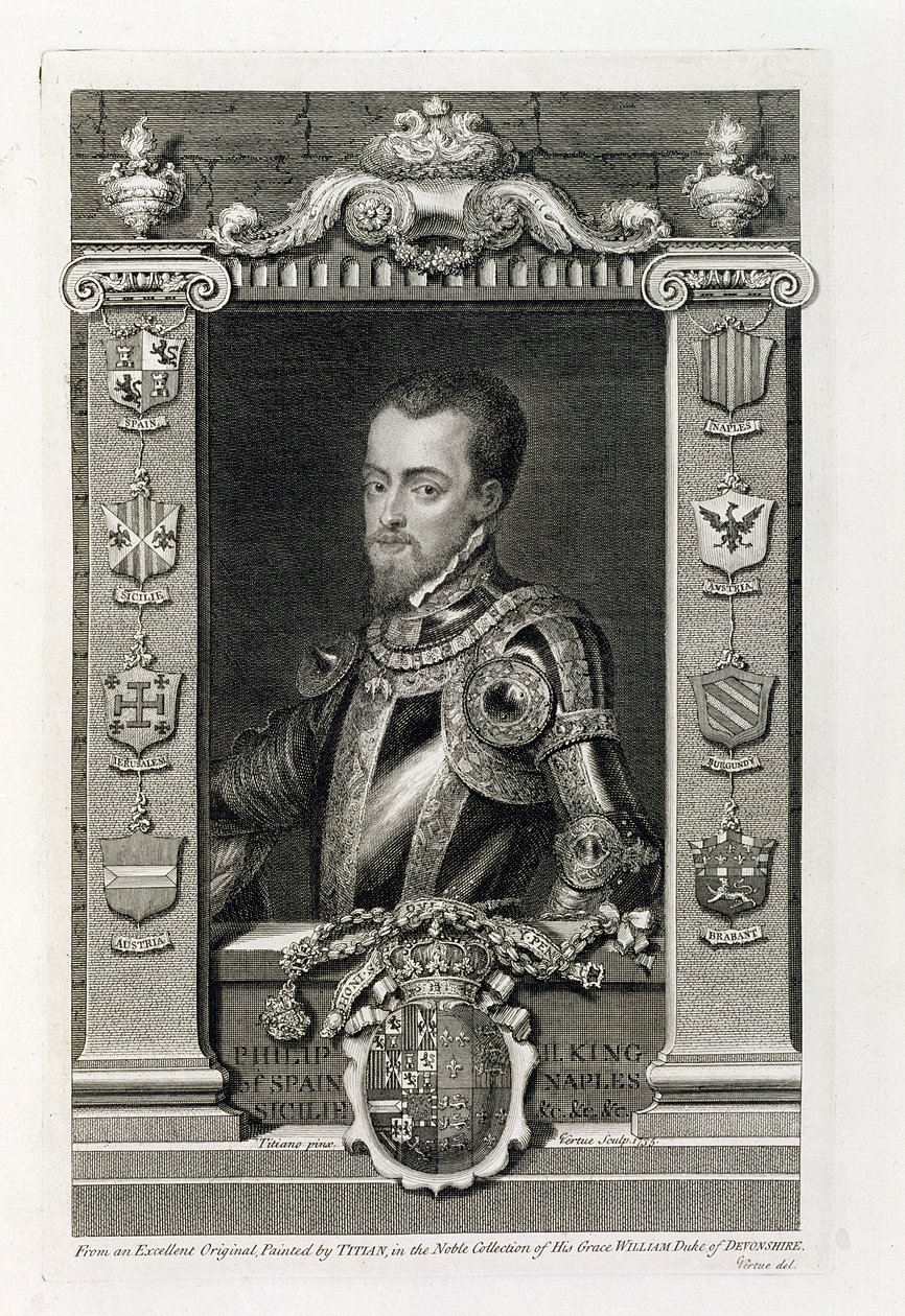 Philipp II. (1527-98) König von Spanien ab 1556, graviert von George Vertue (1684-1756) 1735 von Tiziano Vecelli
