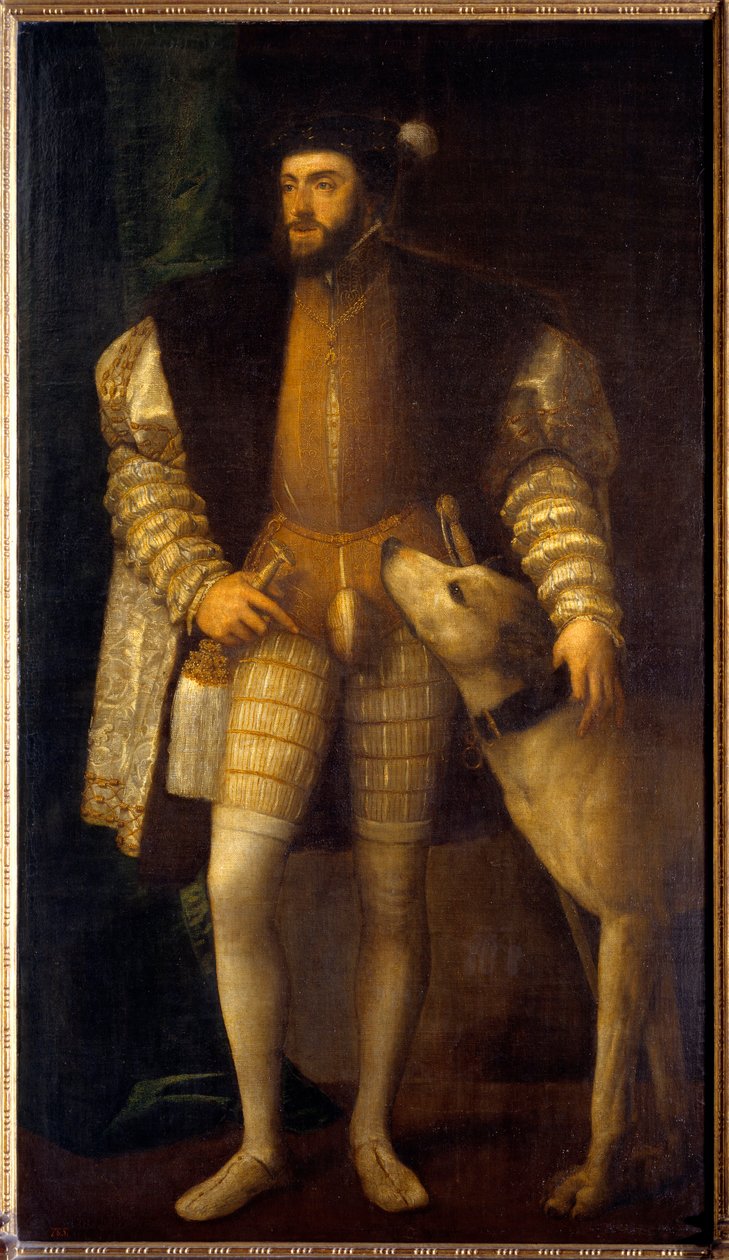 Porträt von Kaiser Karl V. (1500 - 1558) im Alter von 35 Jahren mit seinem Hund Sampere von Tiziano Vecelli