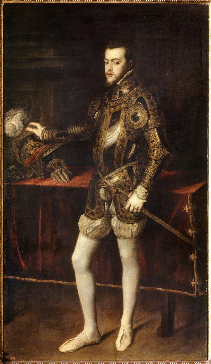 Porträt von Philipp II. (1527-1598) im Alter von 24 Jahren, Sohn von Karl V. Gemälde von Tiziano Vecellio, genannt Tizian (1485-1576) von Tiziano Vecelli