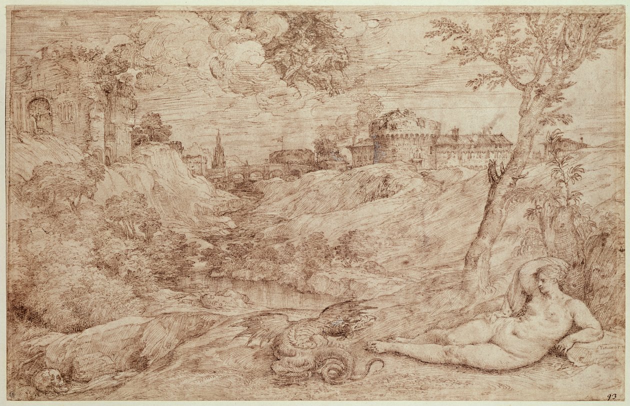 Landschaft mit einem Drachen und einer schlafenden nackten Frau von Tiziano Vecelli