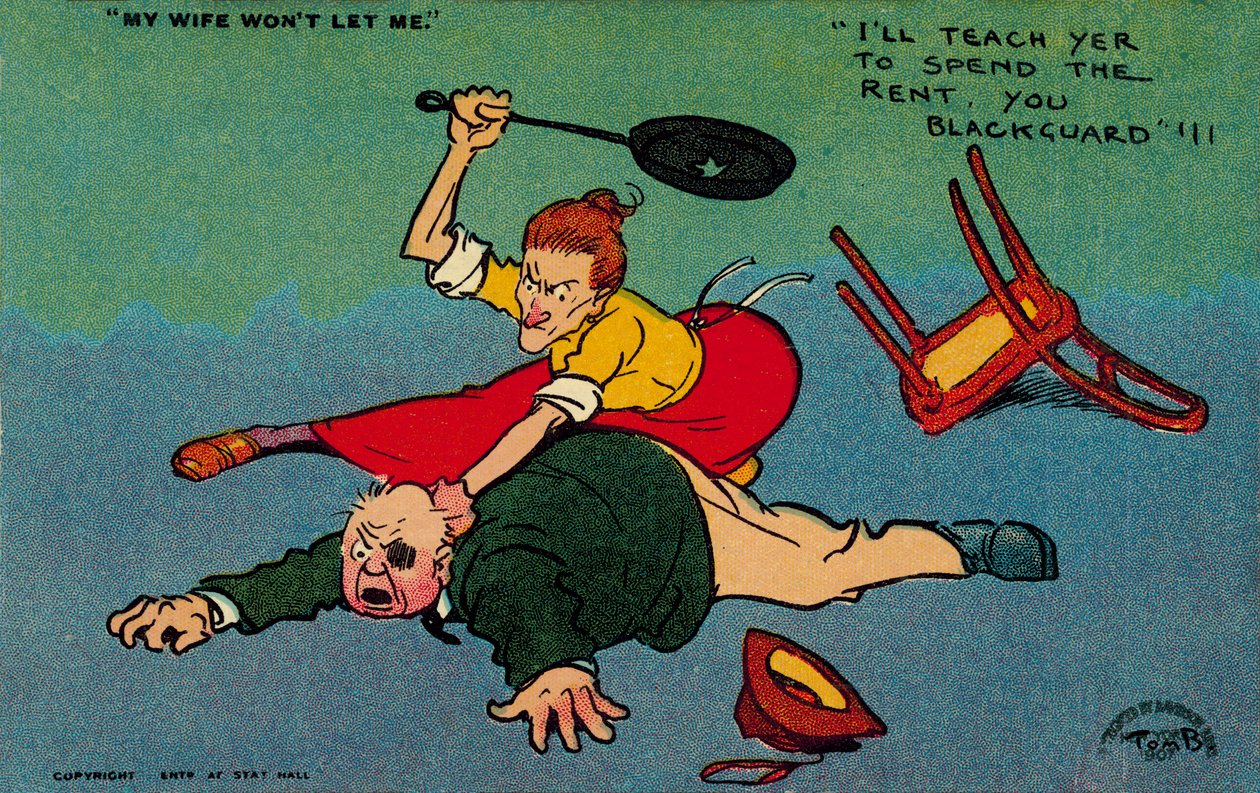 Frau schlägt ihren Mann, weil er die Miete ausgegeben hat von Tom Browne