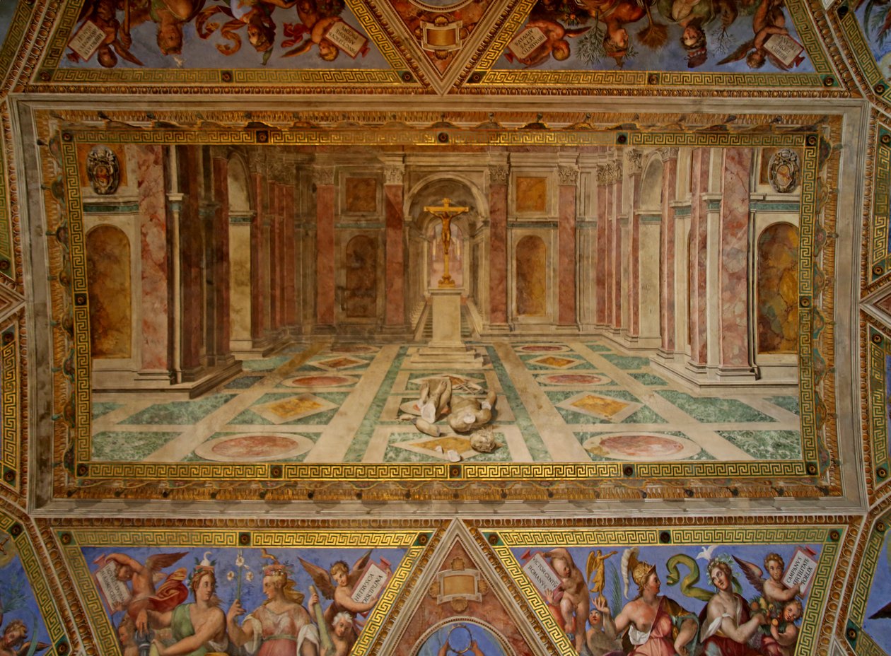 Die Decke des Konstantin-Zimmers: der Fall der Idole und der Triumph des Christentums, 1582 von Tommaso Laureti