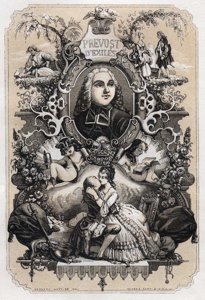 Frontispiz von „Histoire de Manon Lescaut et du Chevalier Des Grieux“ von Abbe Prevost (Antoine Francois Prevost) (1697-1763) - Ausgabe von 1839, illustriert von Tony Johannot (1803-1852) von Tony Johannot