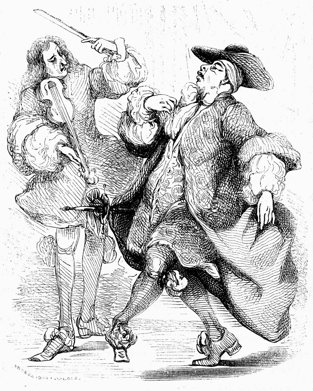 Molière: Der Bürger als Edelmann, Herr Jourdain tanzt unter der Leitung seines Musikmeisters. Gravur von Tony Johannot in der Ausgabe der gesammelten Werke, Paulin 1836. von Tony Johannot