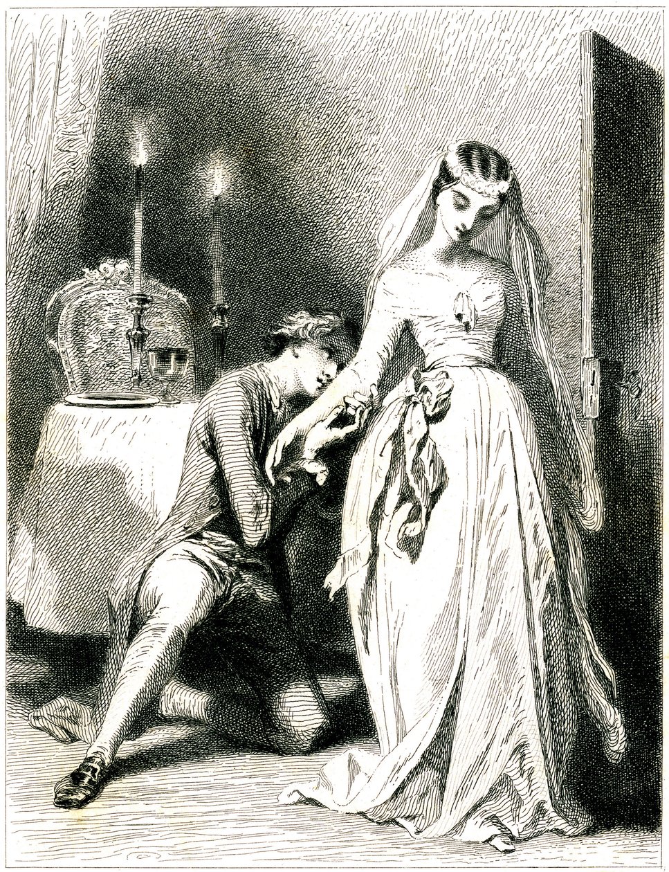 Seufzender Liebhaber kniet zu Füßen seiner schönen Verlobten in einem Kerzenlicht-Interieur - Mädchen in romantischem Kleid und Frisur - Gravur von Tony Johannot (Antoine Johannot) von Tony Johannot