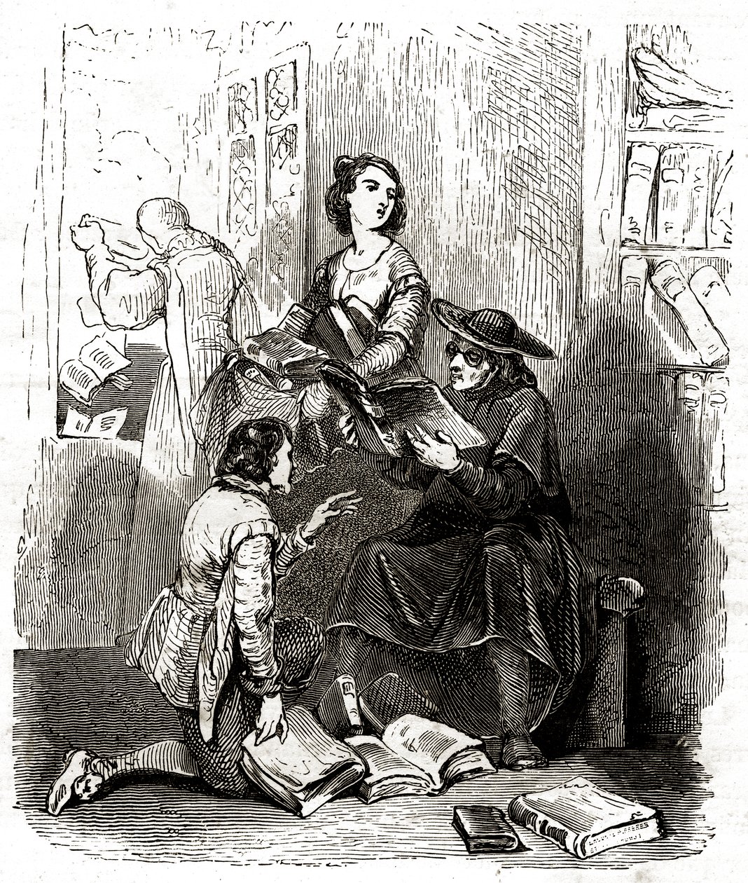 Der Priester Pero Perez und der Barbier Nicolas inspizieren die Bücher in Don Quijotes Bibliothek, ca. 1850 (Illustration) von Tony Johannot