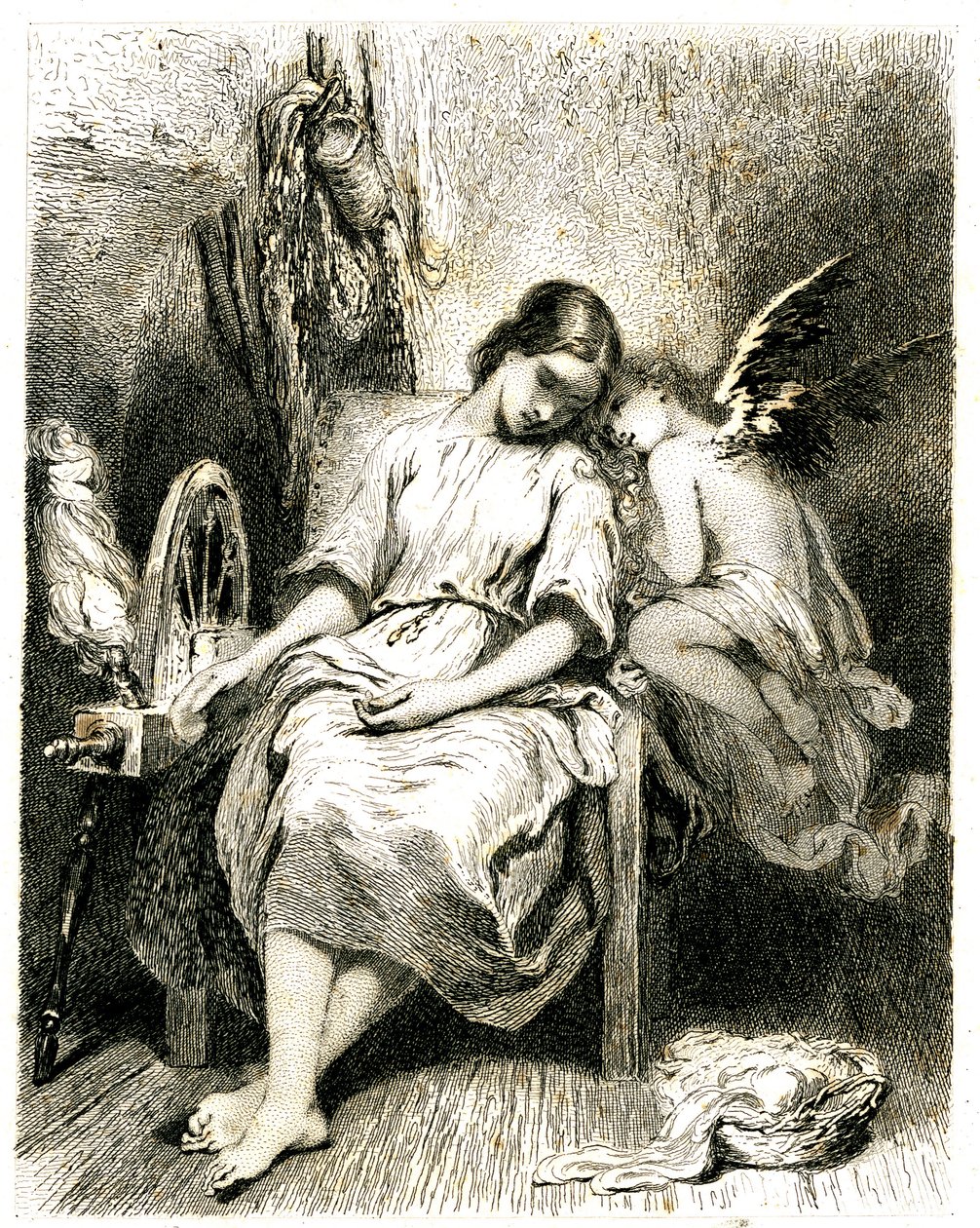 Junge Frau (Spinnerin) schläft an ihrem Rad - ein Engelchen lehnt sich über ihre Schulter - Schlaf - Traum - Träumerei - Liebe - Gravur (Radierung 1845) von Tony Johannot (Antoine Johannot genannt) von Tony Johannot