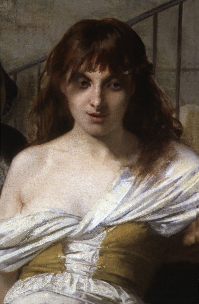 Eine verrückte Frau. Detail von Philippe Pinel befreit die Geisteskranken in La Salpêtrière von Tony Robert Fleury