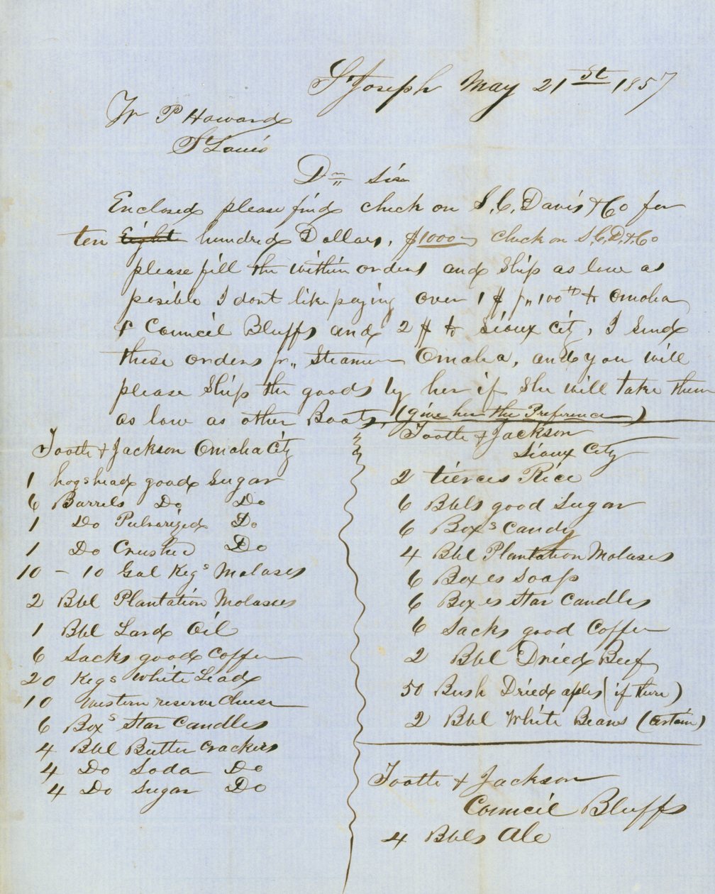 Brief unterzeichnet von Tootle & Jackson, Council Bluffs, an W.P. Howard, St. Louis, 21. Mai 1857 von Tootle and Jackson