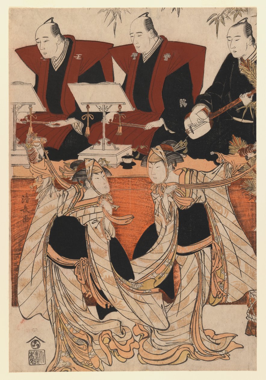 Zwei Schauspieler als Iwai Hanshiro IV und Segawa Kikunojo III im Karukoma-Tanz, begleitet von Joruri-Rezitation, ca. 1783 von Torii Kiyonaga