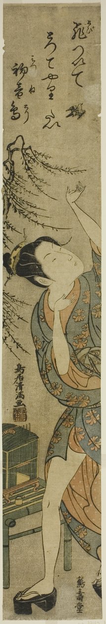 Junge Frau, die einen Vogel freilässt von Torii Kiyomitsu I