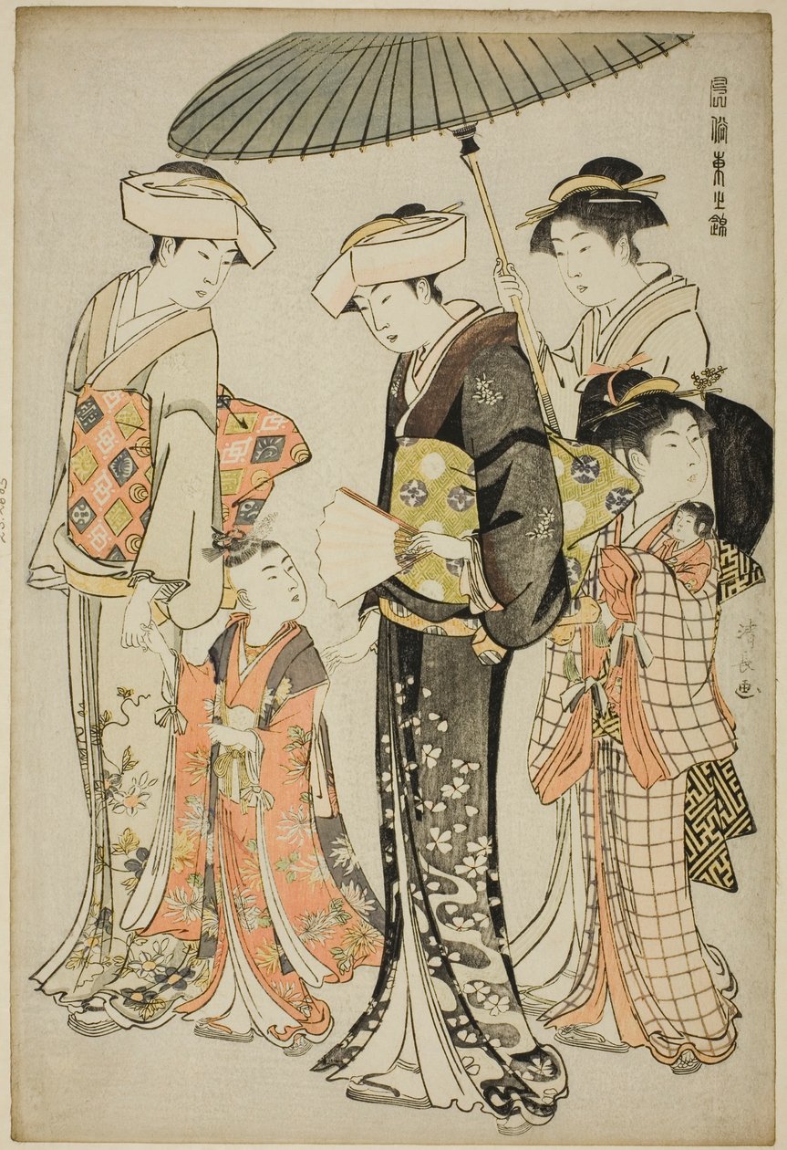 Ein Mädchen und vier Diener, aus der Serie "Ein Brokat östlicher Sitten (Fuzoku Azuma no nishiki)" von Torii Kiyonaga