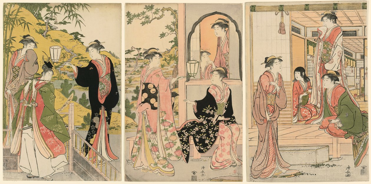 Eine moderne Version von Ushiwakamaru, der Prinzessin Joruri ein Ständchen bringt von Torii Kiyonaga
