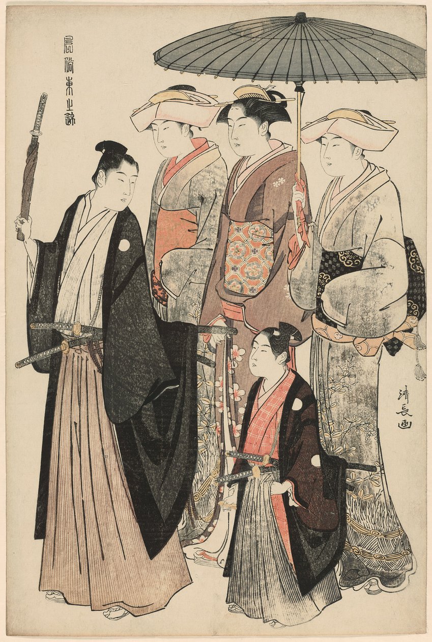 Ein junger Adliger, seine Mutter und drei Diener, aus der Serie "Ein Brokat östlicher Sitten (Fuzoku Azuma no nishiki)" von Torii Kiyonaga
