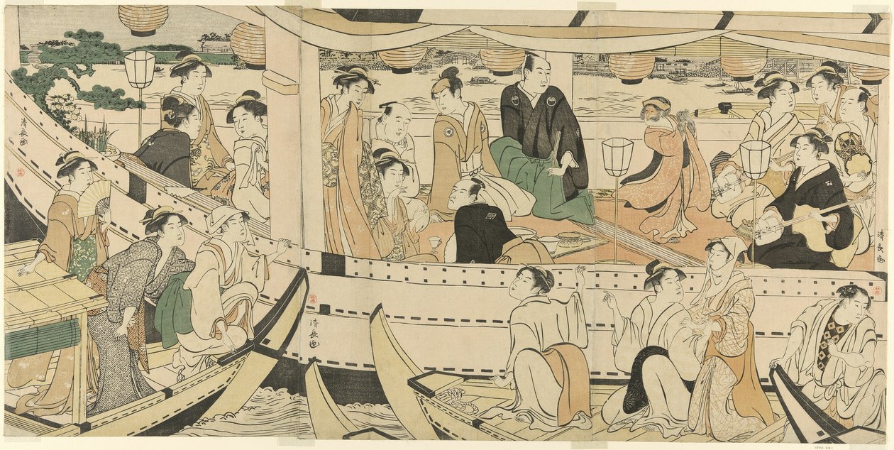 Eine Schauspieler-Bootsfahrt auf dem Sumida-Fluss von Torii Kiyonaga