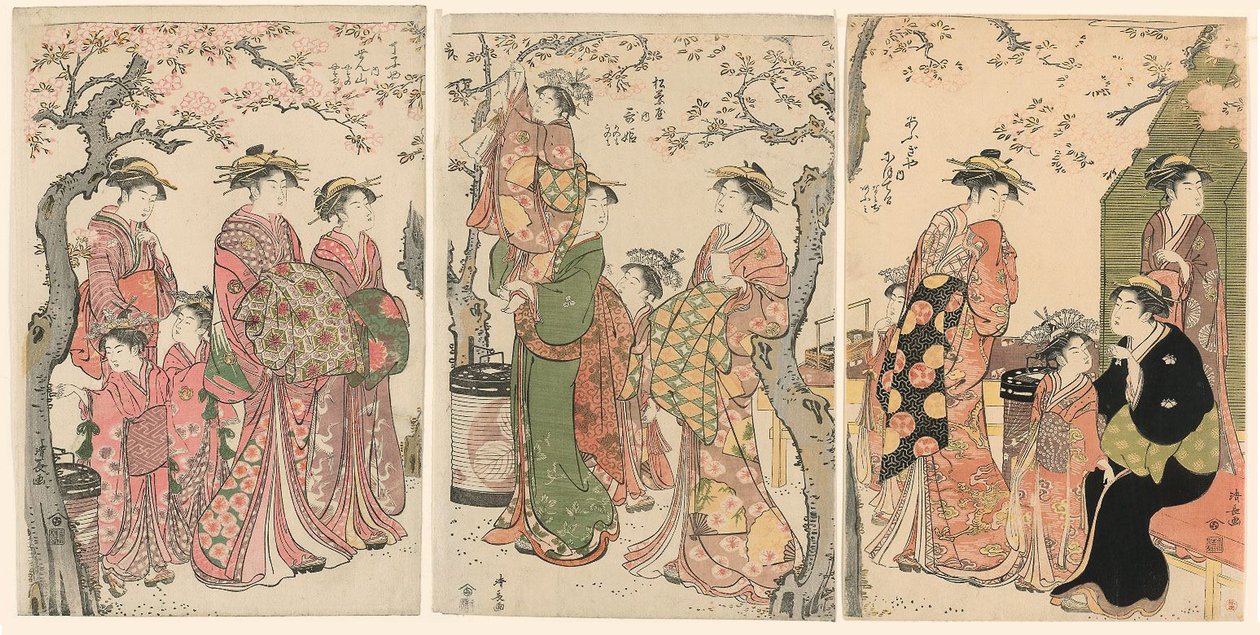 Kurtisanen und ihre Kinder unter blühenden Kirschbäumen von Torii Kiyonaga