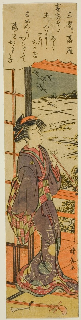 Herabsteigende Gänse bei Mimeguri (Mimeguri no rakugan), aus der Serie "Acht modische Ansichten von Edo (Furyu Edo hakkei)" von Torii Kiyonaga