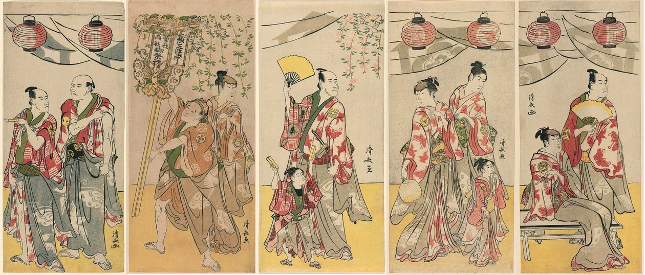 Elf Schauspieler feiern das Fest des Schreins der Soga-Brüder von Torii Kiyonaga