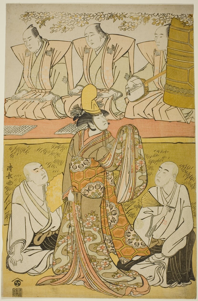Der Schauspieler Nakamura Nakazo I als Shirabyoshi Katsuragi, Matsumoto Koshiro IV als Mönch Meigetsubo und Otani Hiroji III als Mönch Izayoibo, im Stück "Edoganoko Musume Dojoji," aufgeführt im Ichimura Theater im achten Monat, 1783 von Torii Kiyonaga