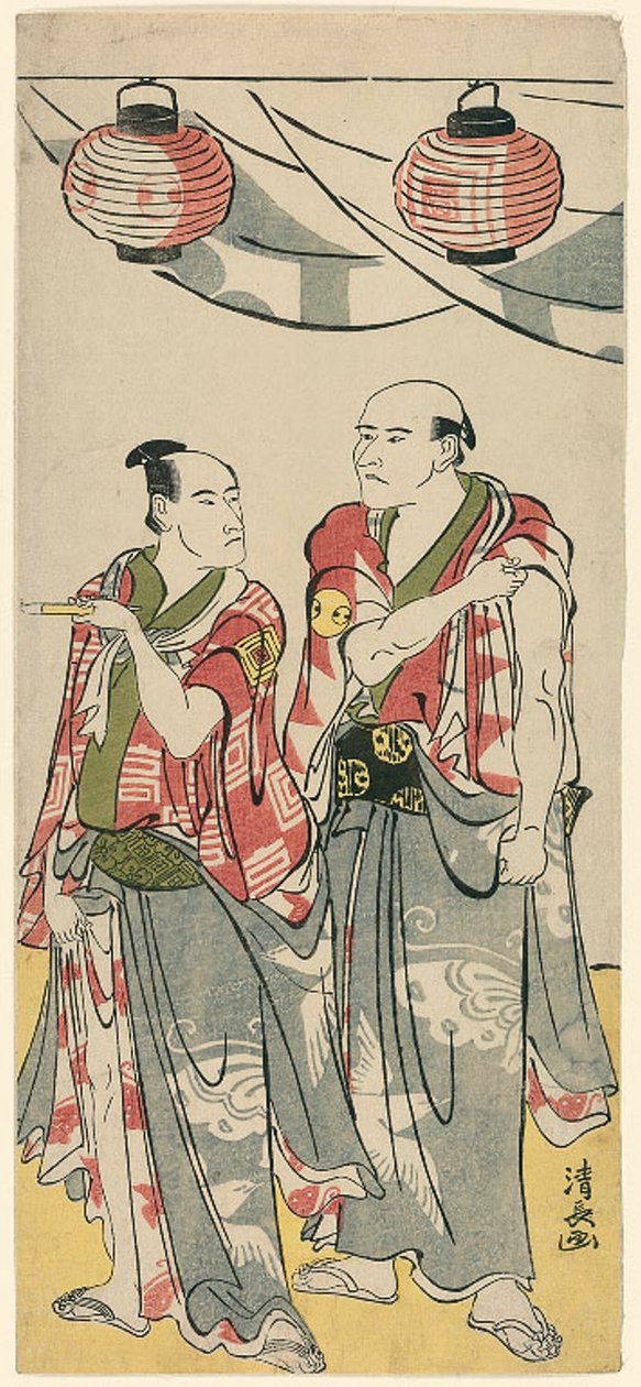 Die Schauspieler Arashi Ryuzo II und Ichikawa Komazo III, aus einem Pentaptychon von elf Schauspielern, die das Fest des Schreins der Soga-Brüder feiern von Torii Kiyonaga
