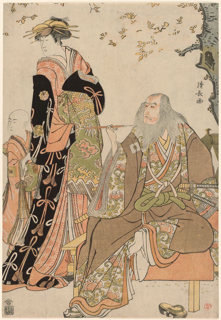 Die Schauspieler Ichikawa Danjuro V als Hige no Ikyu, Nakamura Riko als Agemaki und Ichikawa Ebizo als Agemakis Begleiter im Stück "Sukeroku Yukari no Edozakura" im Nakamura Theater im dritten Monat, 1784 von Torii Kiyonaga