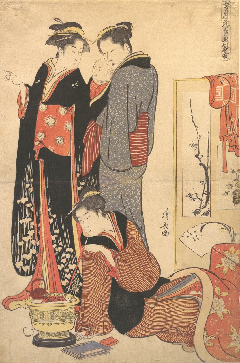 Zwei Frauen stehen und halten ein Kind von Torii Kiyonaga