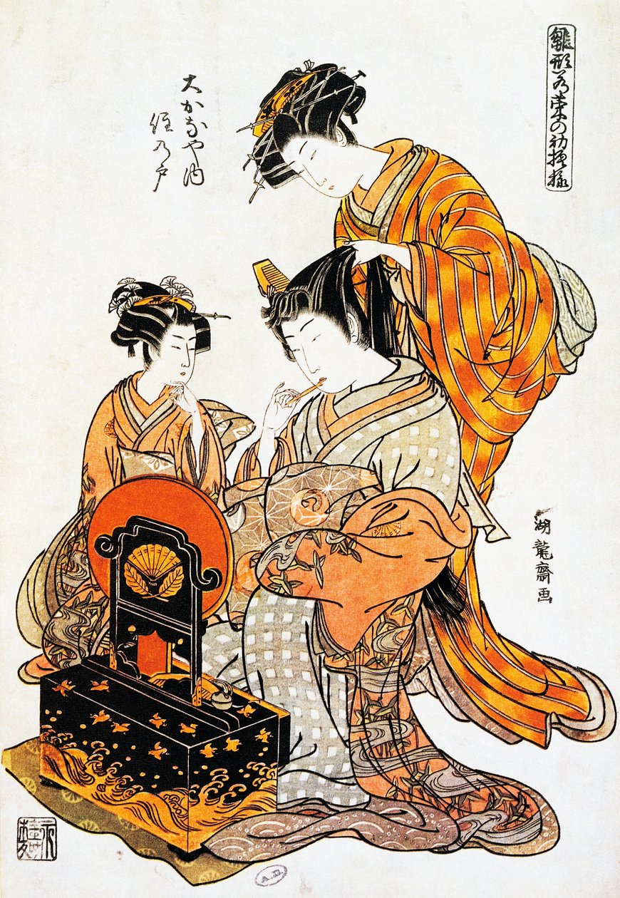 Frau vor dem Spiegel, während ihr Haar gekämmt wird, Ukiyo-e-Kunstdruck von Torii Kiyonaga, Holzschnitt, japanische Zivilisation, Edo-Periode von Torii Kiyonaga