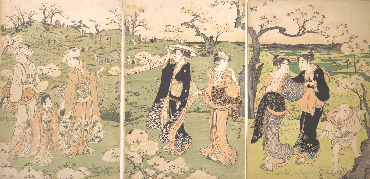 Junge Damen betrachten Kirschblüten in Asukayama von Torii Kiyonaga