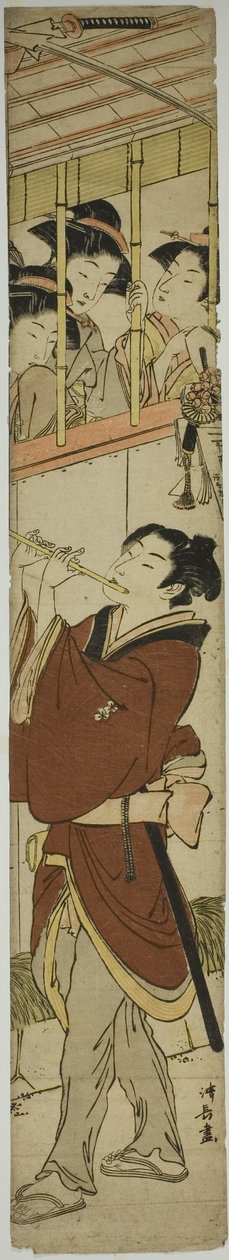 Junger Mann spielt Flöte, während drei Mädchen zuschauen von Torii Kiyonaga