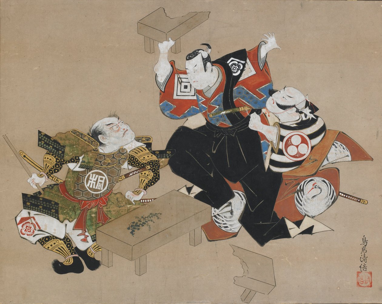 Die Schauspieler Ichikawa Danjuro II als Soga no Goro und Ogawa Zengoro als Kudo Suketsune, ca. 1715 von Torii Kiyonobu I