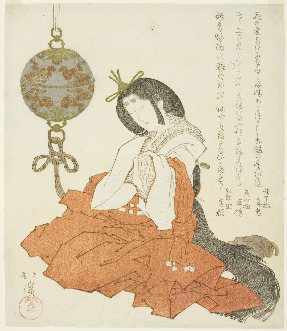 Hofdame, die neben einem hängenden Räuchergefäß sitzt von Totoya Hokkei