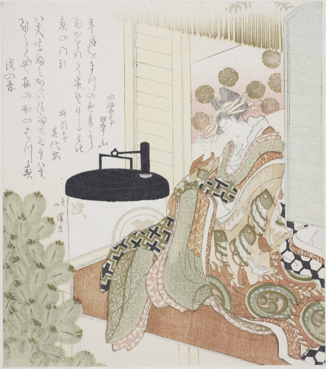 Kurtisane, die auf einer Veranda neben einer Laterne sitzt von Totoya Hokkei