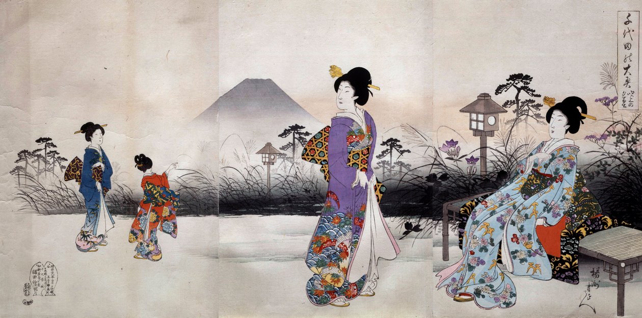 Japanische Frauen spazieren vor dem Berg Fuji, japanischer Druck von Toyohara Chikanobu (1838-1912) 1896, Privatsammlung von Toyohara Chikanobu