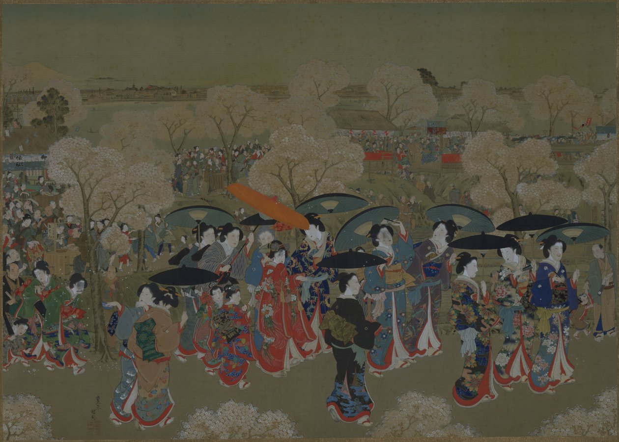Schönheiten betrachten die Kirschblüte am Sumida-Fluss von Toyohara Kunichika