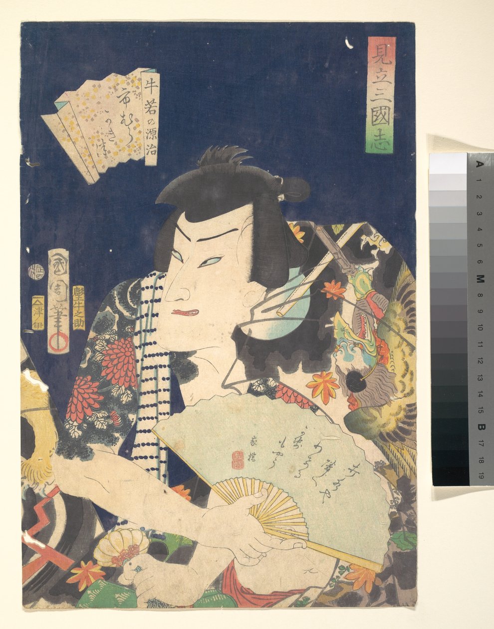 Ichimura Kakitsu IV als Ushiwaka no Genji im Kabuki-Stück Eine Parodie der Romanze der Drei Königreiche von Toyohara Kunichika