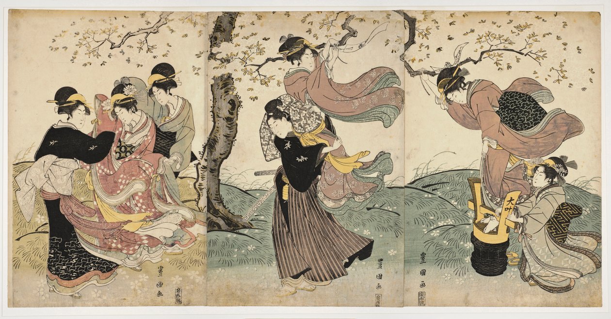 Japanische Kunst: Blumen im Wind (Szene mit Frauen und einem Mann, die Bänder in die Äste eines Baumes hängen) von Toyokuni Utagawa