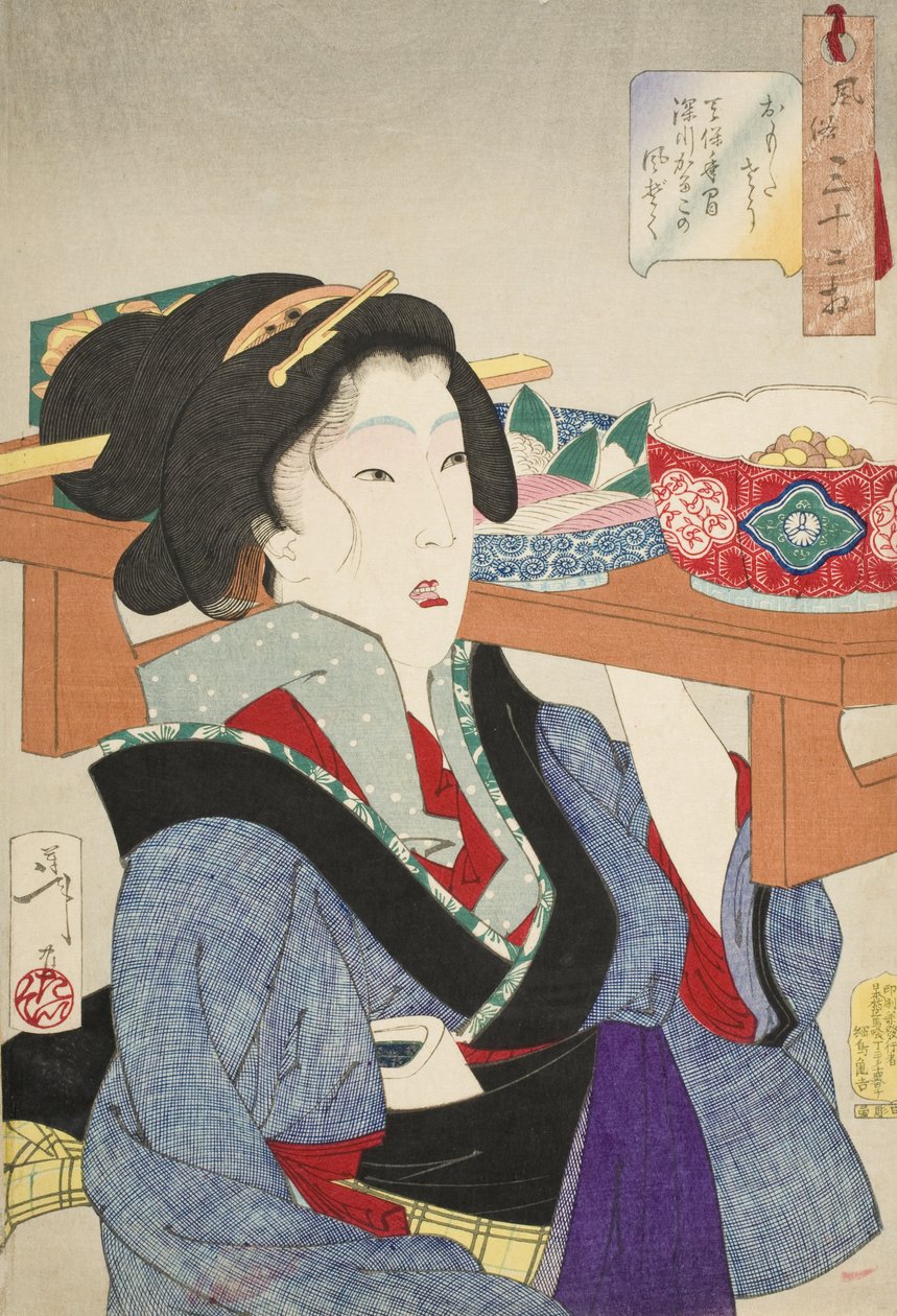 Schwer beladen: Die Art einer Kellnerin in Fukagawa in der Tenpō-Ära von Tsukioka Yoshitoshi