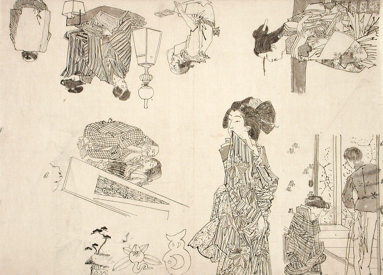 Vorbereitende Zeichnungen für Illustrationen von Melodramen von Tsukioka Yoshitoshi