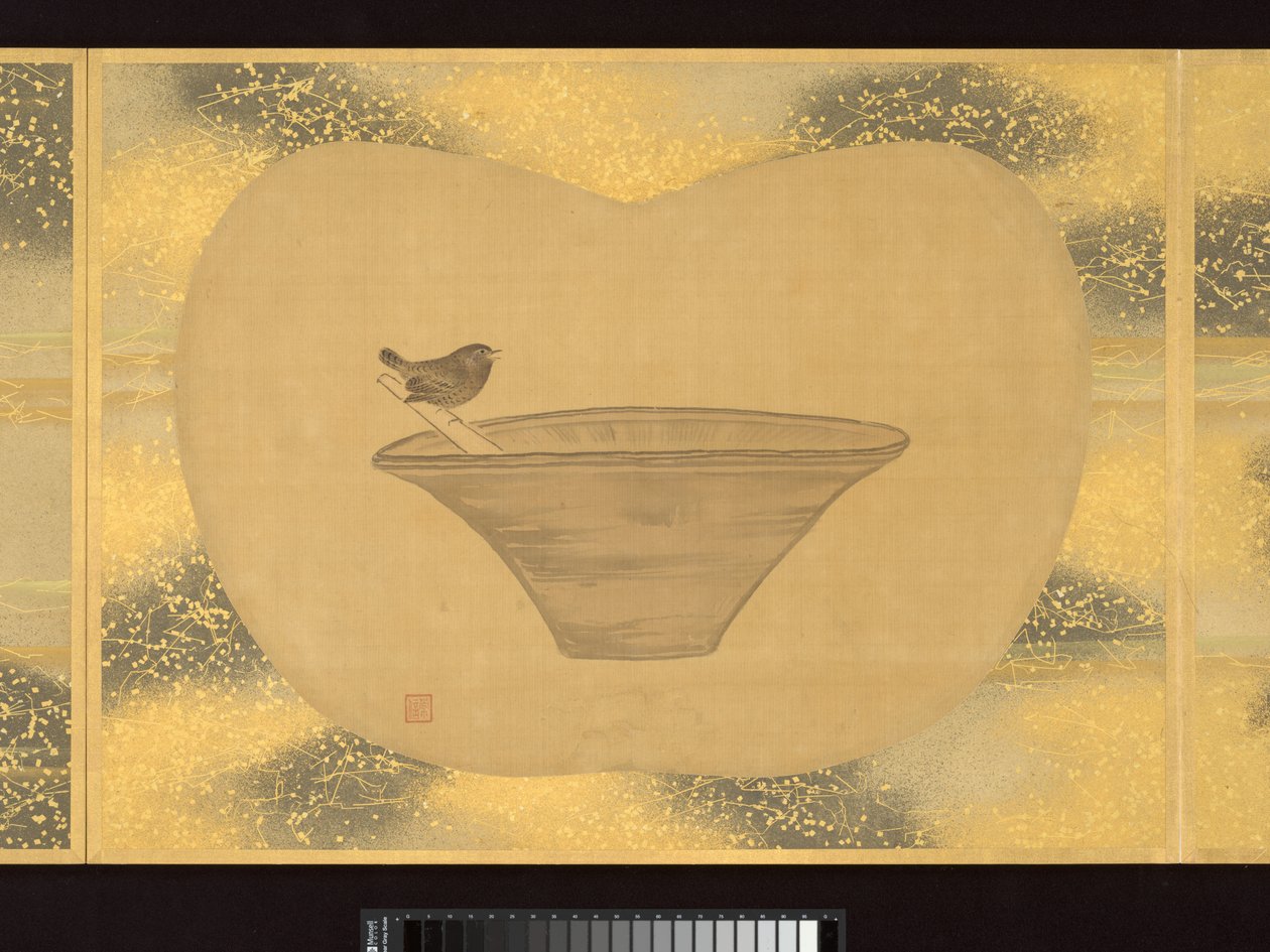 Album fächerförmiger Gemälde von Figuren, Vögeln und Blumen von Tsunenobu Kano