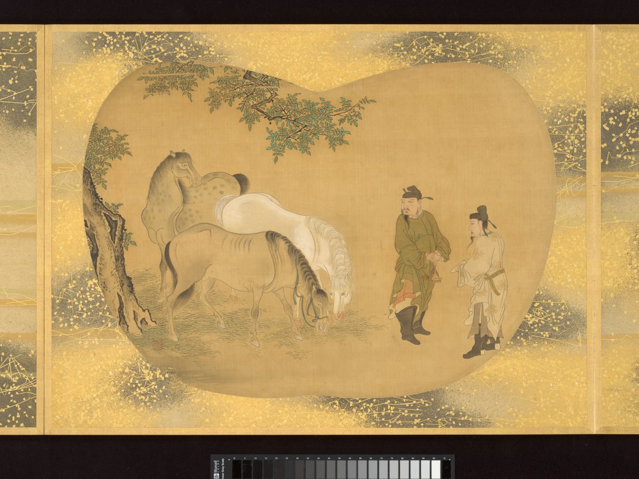 Album mit fächerförmigen Gemälden von Figuren, Vögeln und Blumen von Tsunenobu Kano