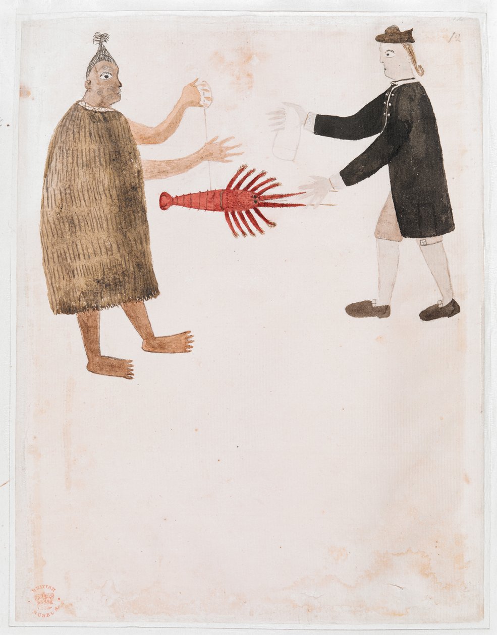 Add MS 15508 [Zeichnung Nr. 12] Ein Maori handelt mit einem englischen Marineoffizier einen Flusskrebs, 