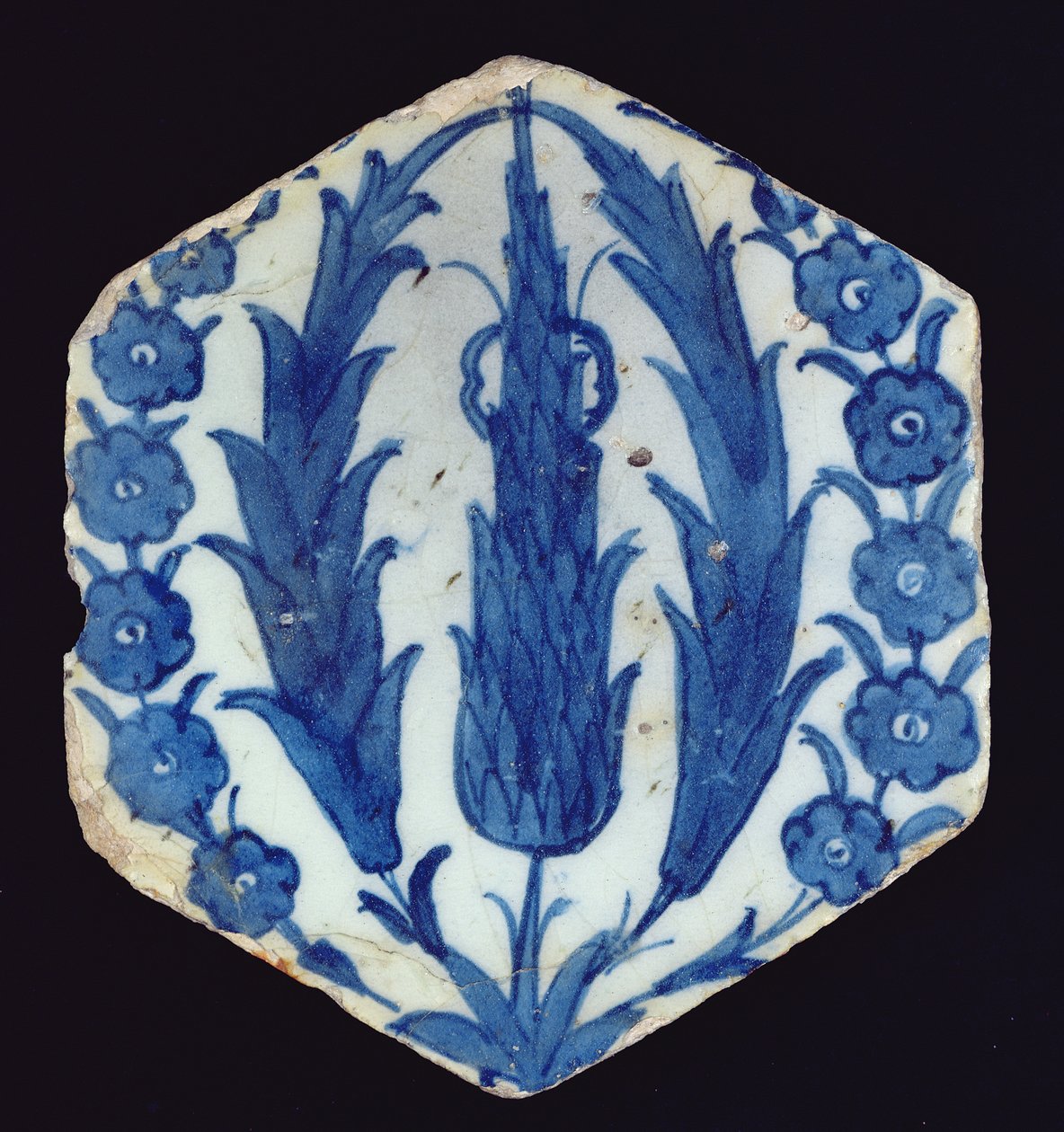 Hexagonale Isnik-Fliese mit Zypressen und einer Prunus, 1560-70 von Turkish School